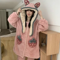 pink kawaii cute two piece set pullover tracksuit women coral fleece hooded pants strawberry woman suit 2 piece winter 2021