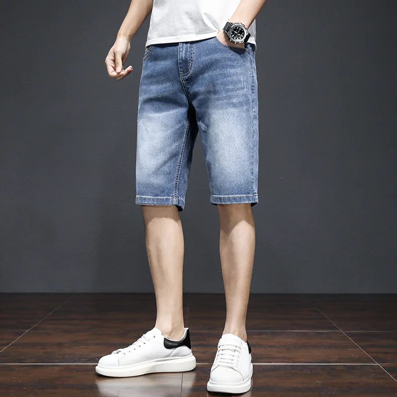 Summer thin denim shorts for young men Fashion straight leg pants for men Casual and versatile blue denim pants  wide leg jeans