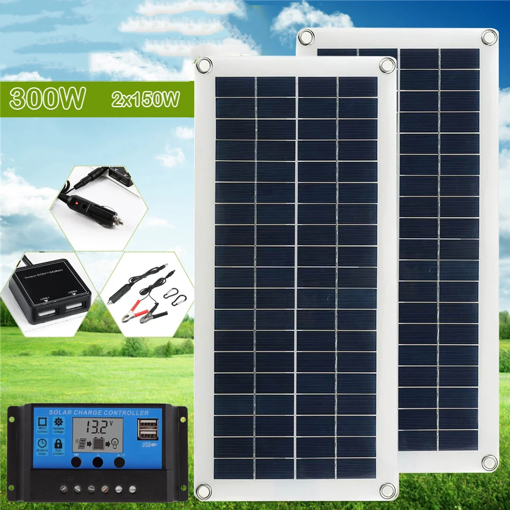 

150W 300W Solar Panel Kit 12V Charge Battery With 30A 60A Controller Module 2 USB Port Cell Battery Power Bank for Phone RV Car