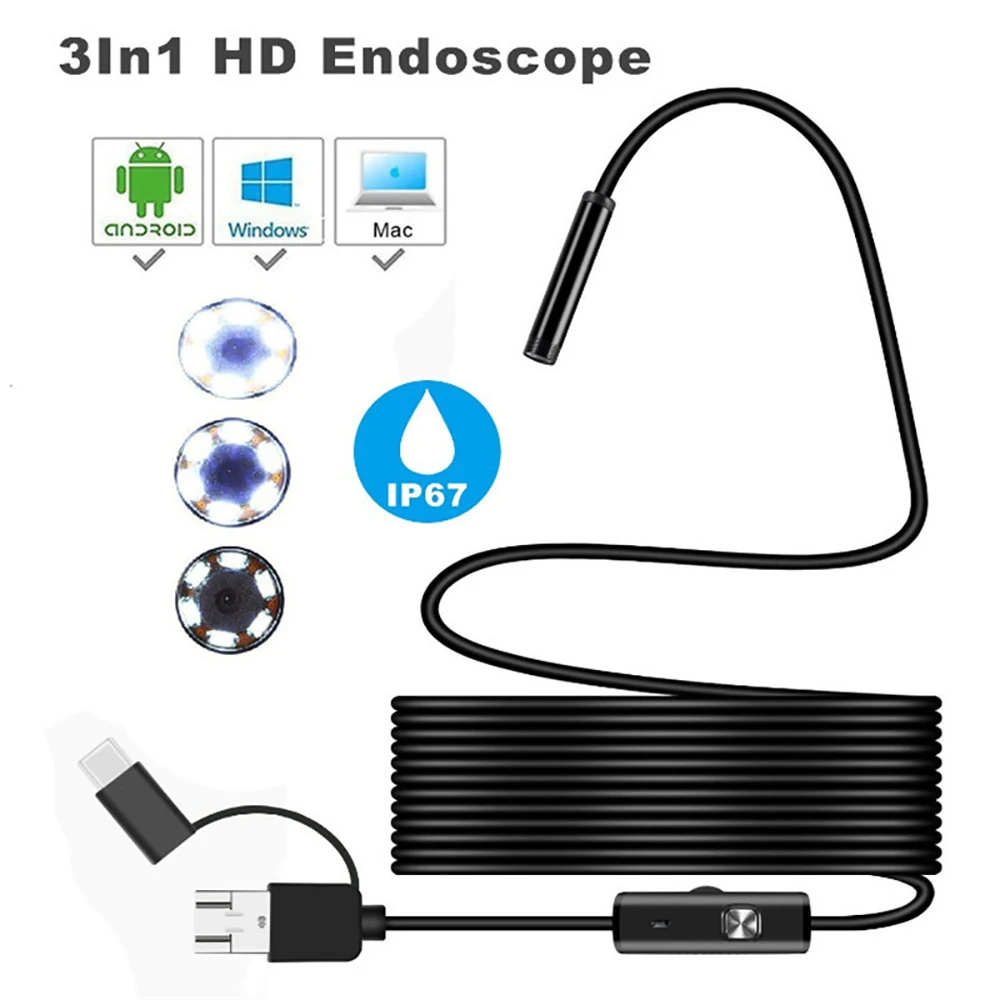 

7mm HD 1080P Endoscope Camera 3 IN 1 Micro USB Type-c Borescope IP67 Waterproof 6 LEDs Adjustable Car Inspection For Android PC