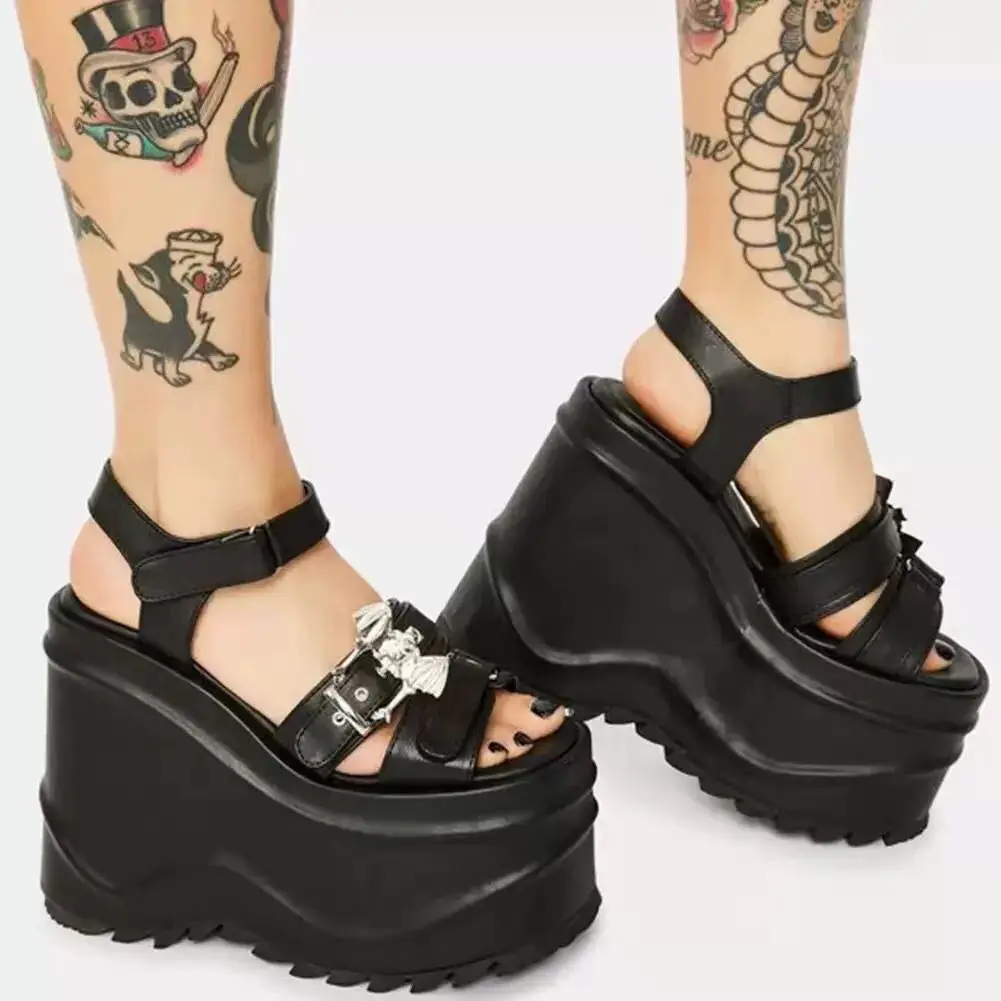 

Brand Design Gothic Platform Wedges Sandals Fashion Street Open Toe Cool High Heels Black Vampire Cosplay Large Size Women Shoes