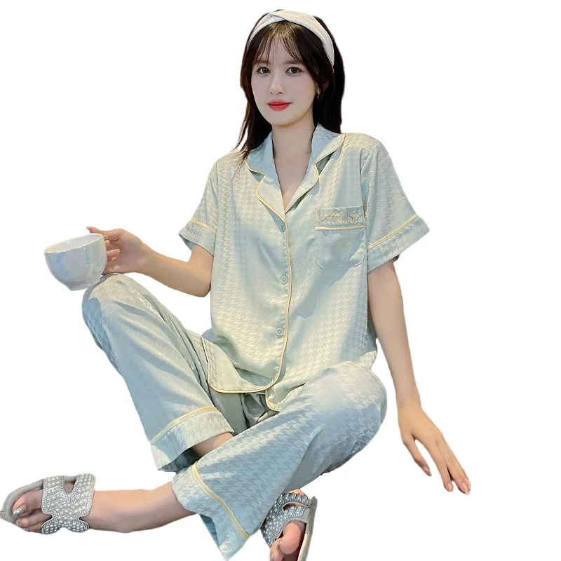 Summer New in Women's Pajamas Free Shipping Senior Sense Short Sleeves Ice Silk Women's Home Clothes Sets Loose Thin Trousers