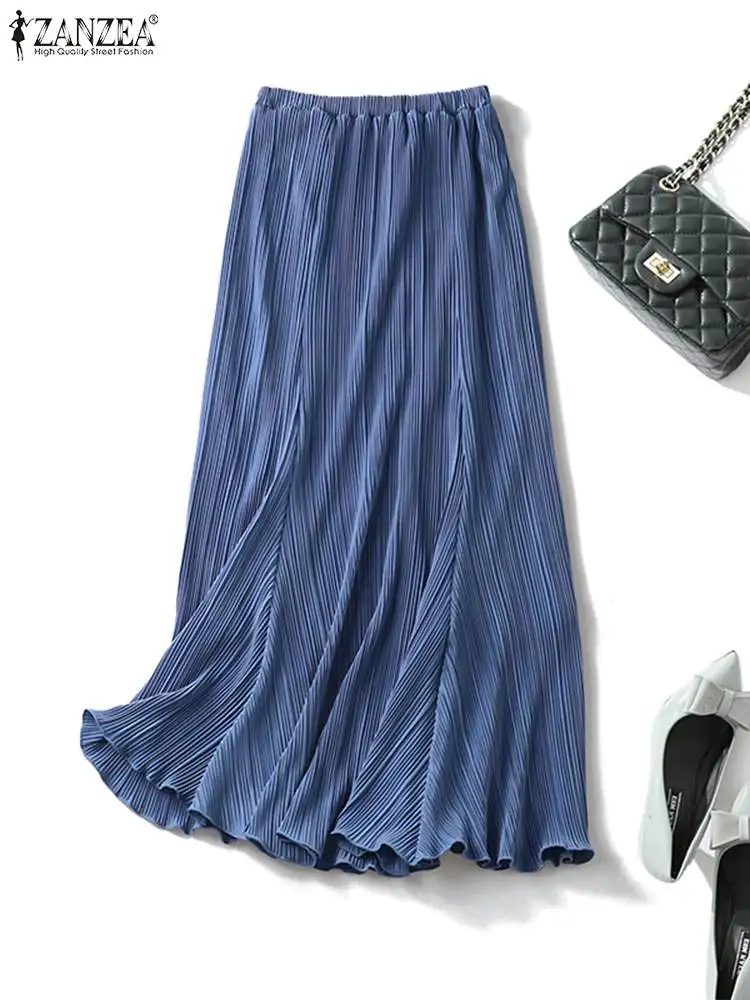 

ZANZEA 2022 Summer Loose Faldas Oversized Elegant Women Pleated Skirts Casual Solid A Line Saias Jupe Female Holiday Beach Skirt