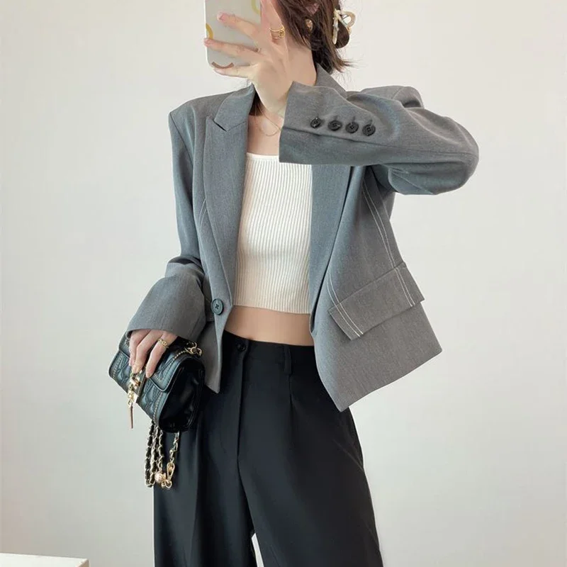 Укороченные блейзеры в Корейском стиле Женский Осенний шикарный однотонный