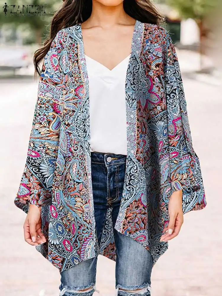 

ZANZEA Bohemian Stylish Holiday Elegant Shirts Women Spring Floral printed Cardigan Blouse Bat Sleeve Casual Loose Baggy Tops