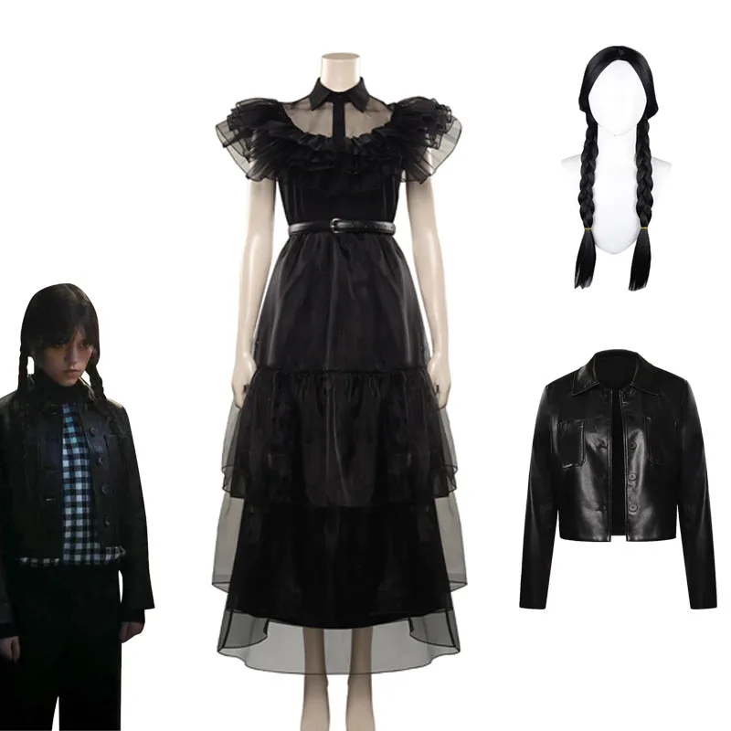 

Wednesday Addams Cosplay Wigs Costume TV Wednesday Women Roleplay Fantasia Woman Halloween Carnival Clothes Hair Coat Set