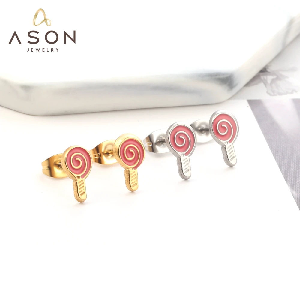 

ASONSTEEL Gold Color Stainless Steel Rose Red Lollipop Shape Pattern Stud Earrings For Women Girls Cute Fashion Jewelry Sweet