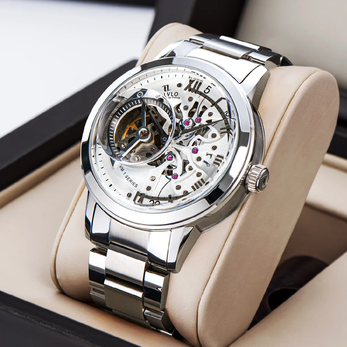 

OBLVLO Retro Casual Men Skeleton Automatic Watches Mechanical Stainless Steel Strap Mineral Crystal Glass Waterproof Clock VM