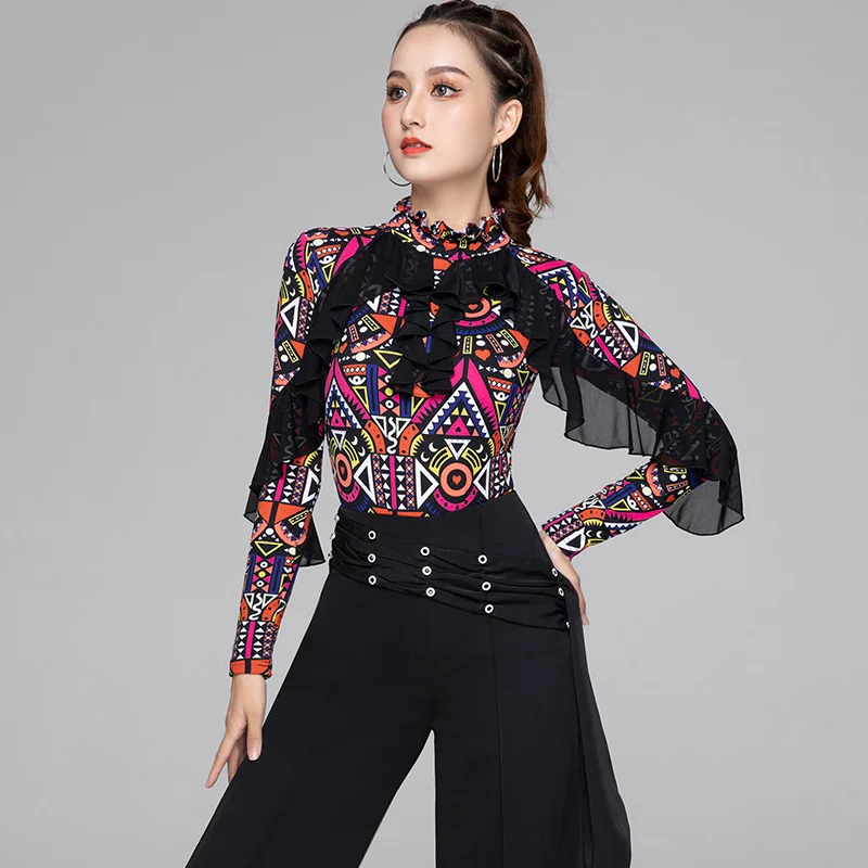 

Female Latin Dance Clothes Long Sleeve Modern Print Shirt Professional Latin Dancing Practice Tops Rumba Dance Clothing