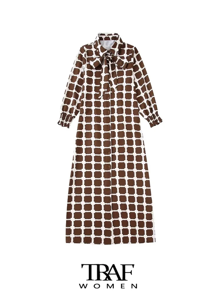 

TRAF Women Fashion With Bow Tied Printed Midi Dress Vintage Three Quarter Sleeve Front Buttons Female Dresses Vestidos Mujer
