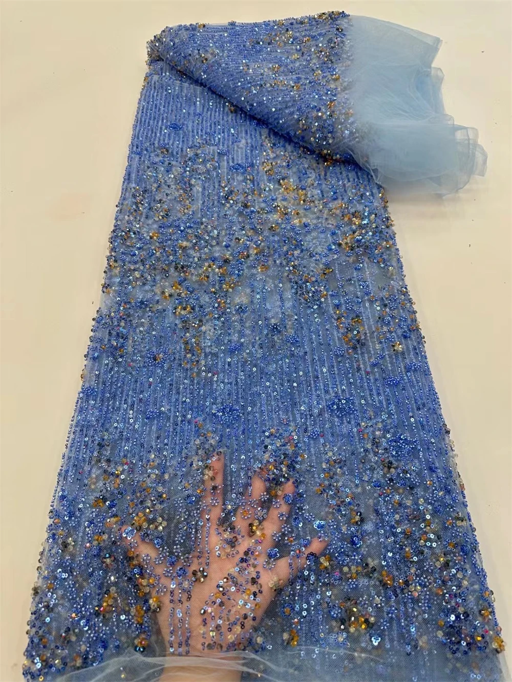 

Sky Blue High Quality African Embroidery Beaded Lace Fabric Nigerian Sequins Lace Fabric For Wedding Party Sewing Material Dress