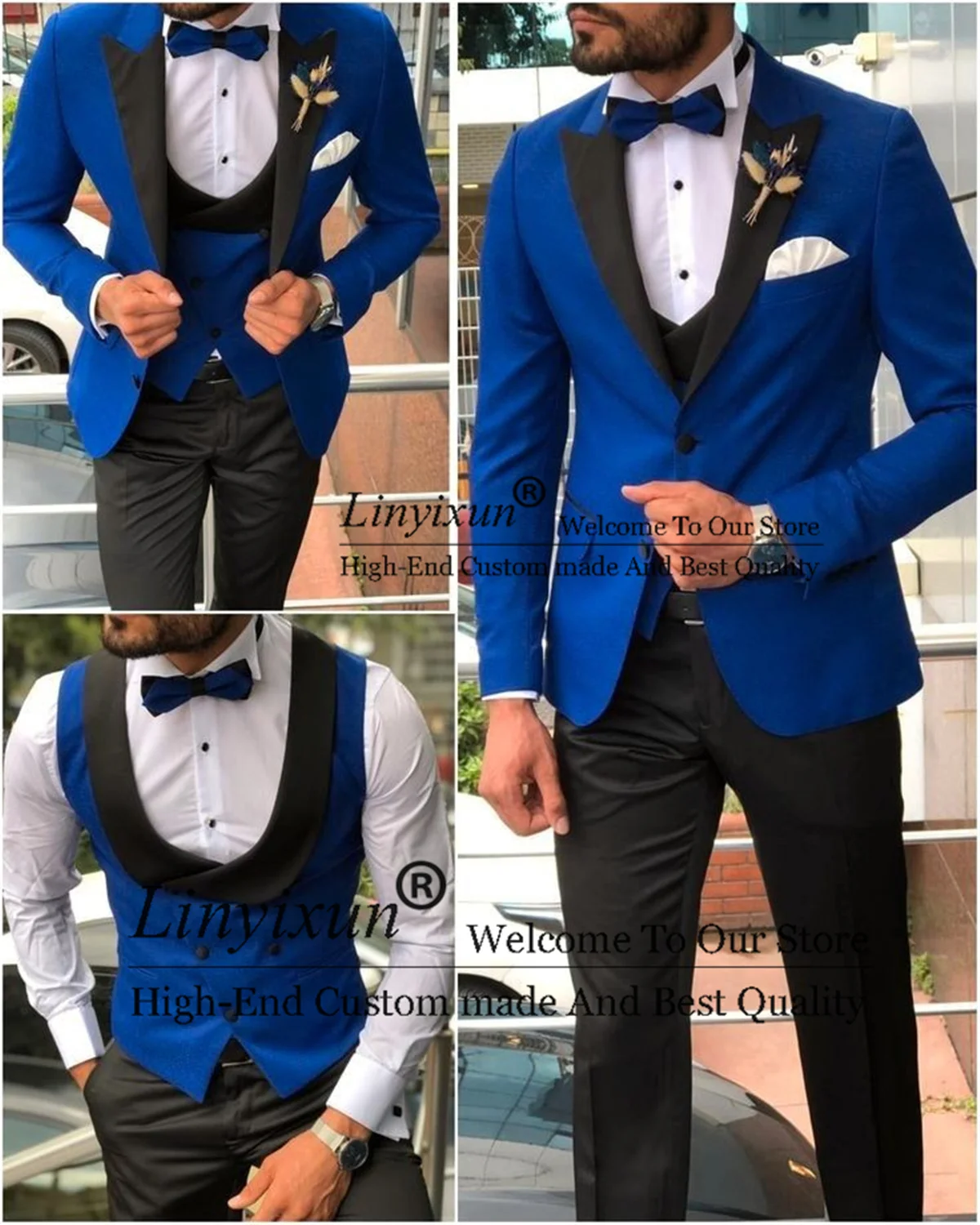 

Royal Blue Men's Suit Peak Lapel Groom Wedding Tuxedos 3 Pieces Set Male Business Prom Blazer With Plaid Waistcoat Pants Outfit