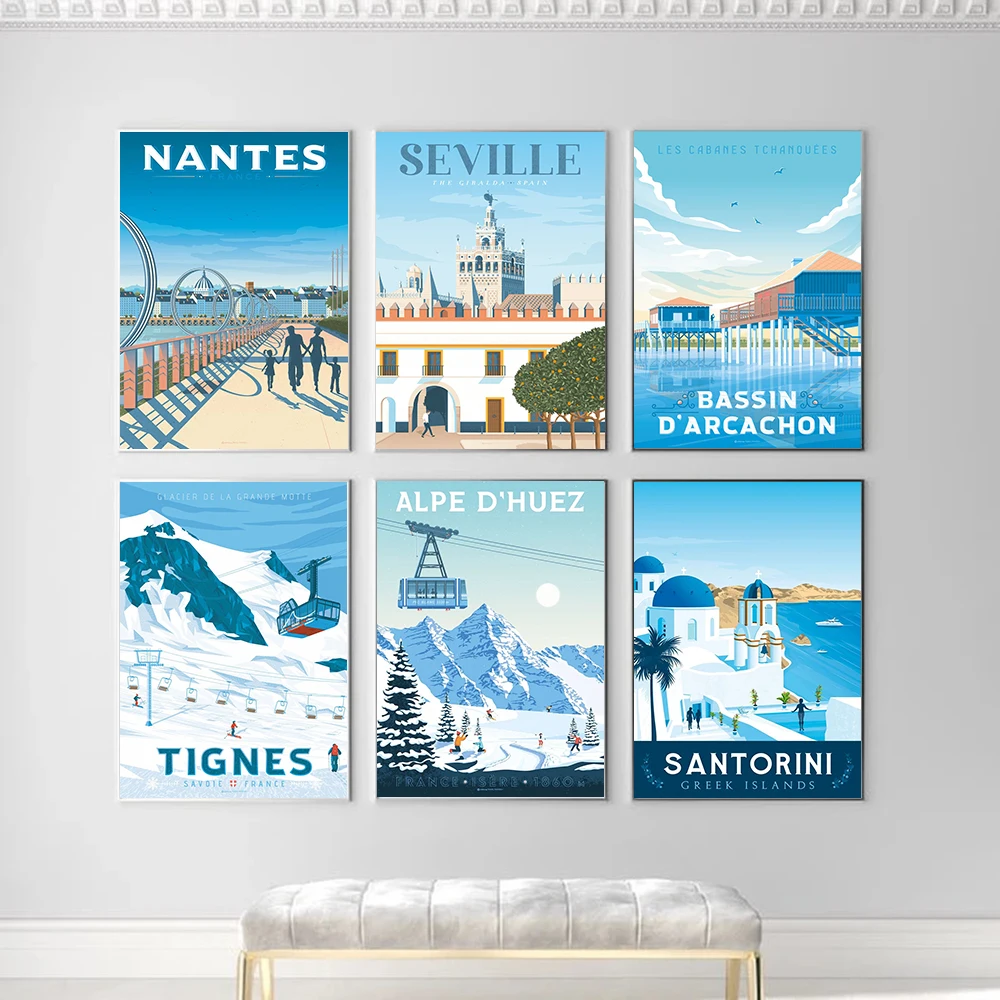 Скандинавский постер для путешествий с изображением Санторини Севильи арканон