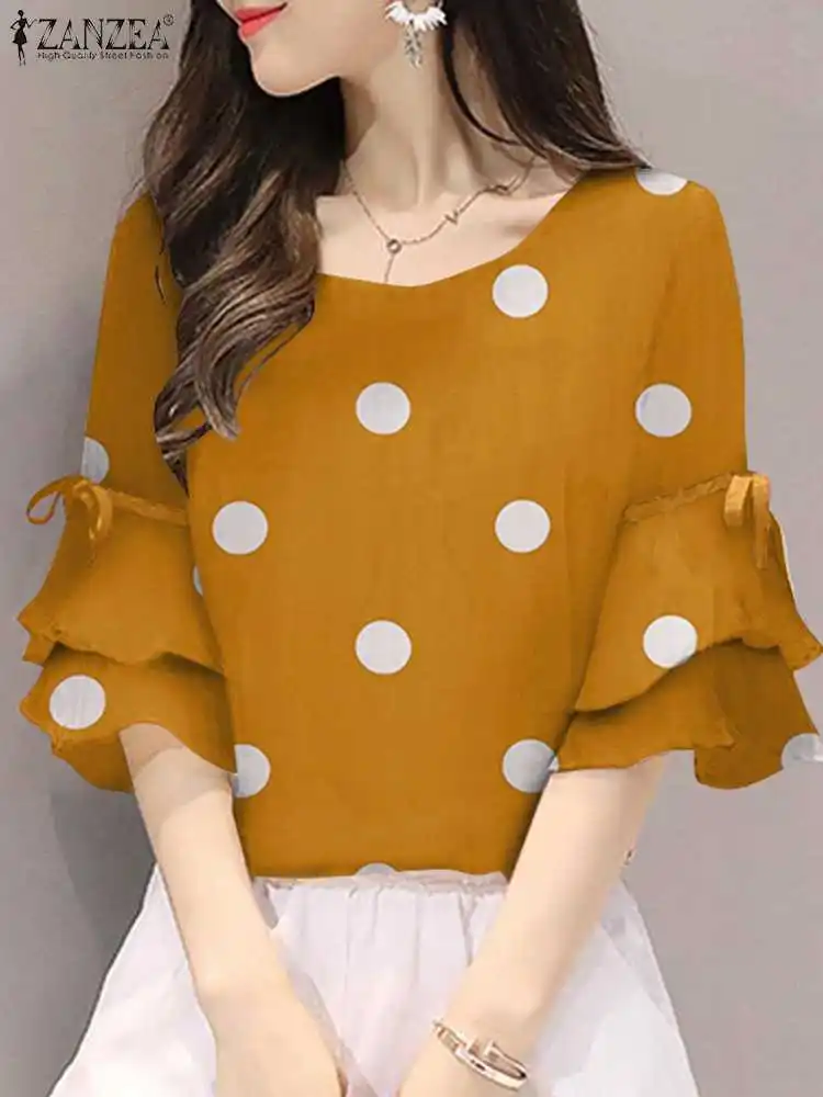 

ZANZEA 2023 Spring Summer Women Blouses Fashion Tops Polka Dots Printed Flounce Half Sleeve Female Blusas Casual Lace-Up Tunic