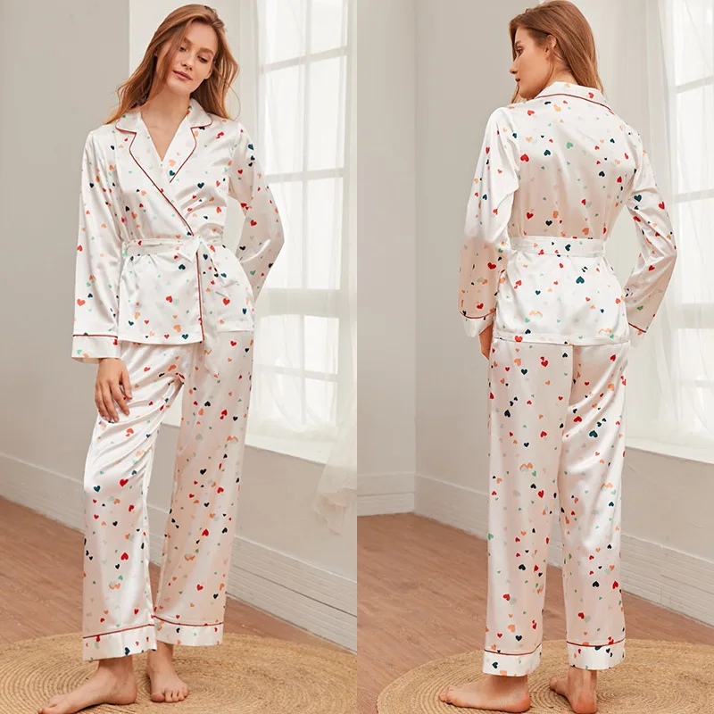 

Ladies Pajamas Spring Summer Multi Colors Printing Silk Long Sleeve Home Suit Star Letter Printing Satin Robe Sets Gecelik