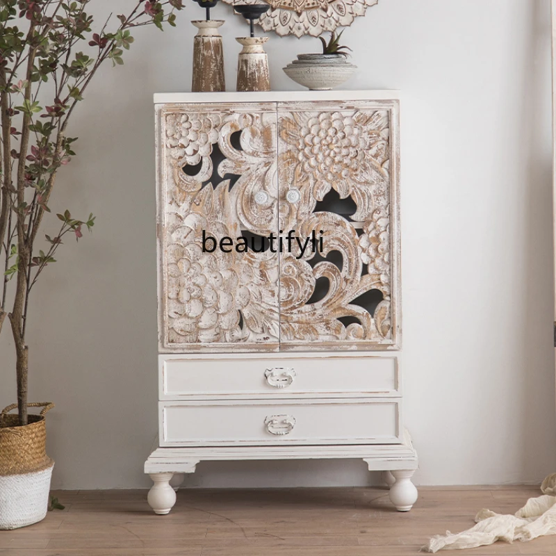

CXH Solid Wood Chest of Drawers Small Apartment Entrance Cabinet American Vintage Engraving Sofa Side Cabinet Storage Cabinet