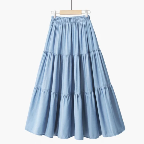 OHRYIYIE 2023 Summer Midi Long Denim Skirt Women Vintage Skirts High Waist Soft Retro A-line Jean Skirt Female Pleated Skirt