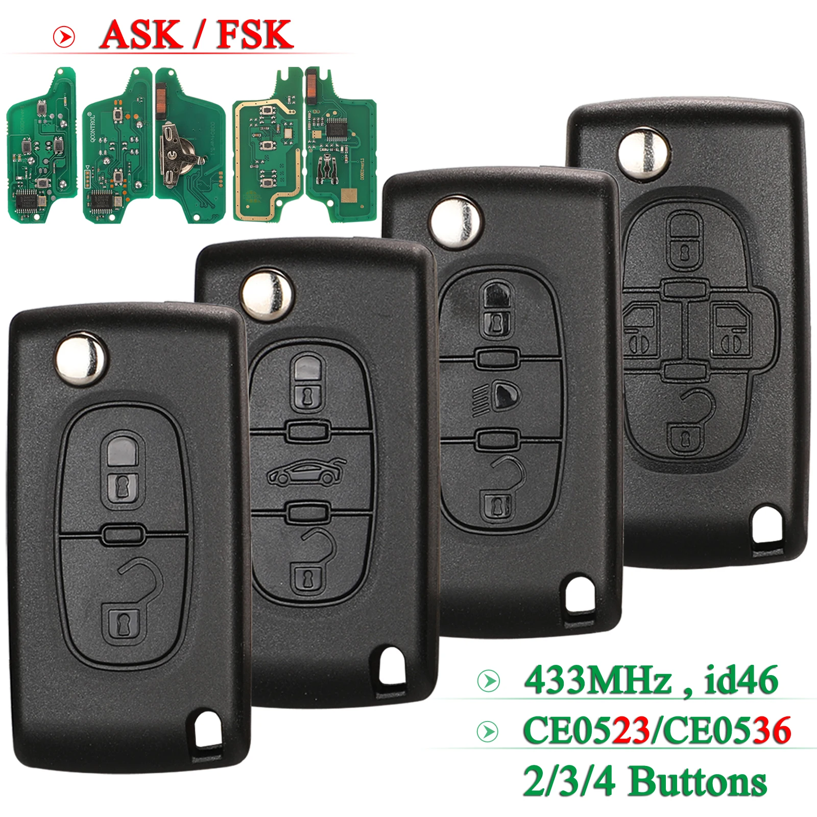 

jingyuqin 2/3/4 BTN 433MHz ASK/FSK For Citroen C2 C4 C5 C8 Peugeot 307 308 607 Flip Car Remote Key ID46 CE0523/0536 Fob VA2/HCA