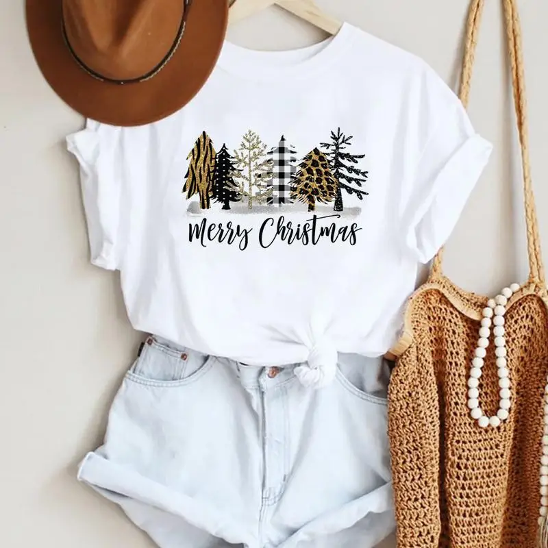 

Women Leopard Plaid Tree 90s Merry Christmas Short Sleeve Fashion Print Tshirts Trend Graphic Travel Top T Shirt Tee T-Shirt