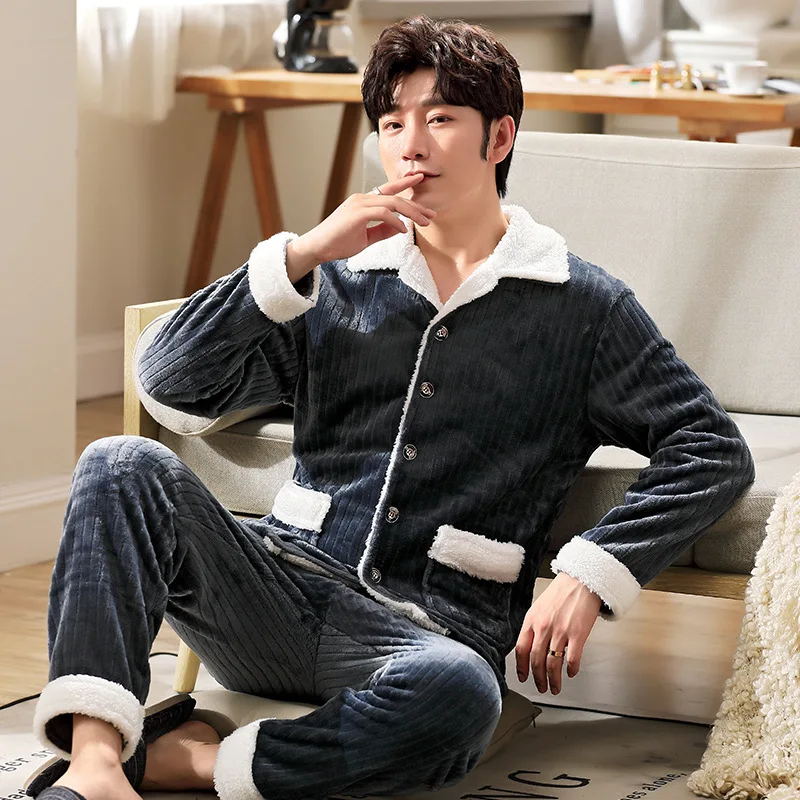 Autumn And Winter Men's Pajamas Set Thickened Coral Fleece Cardigan Home Clothes Warm Flannel Pajamas Set