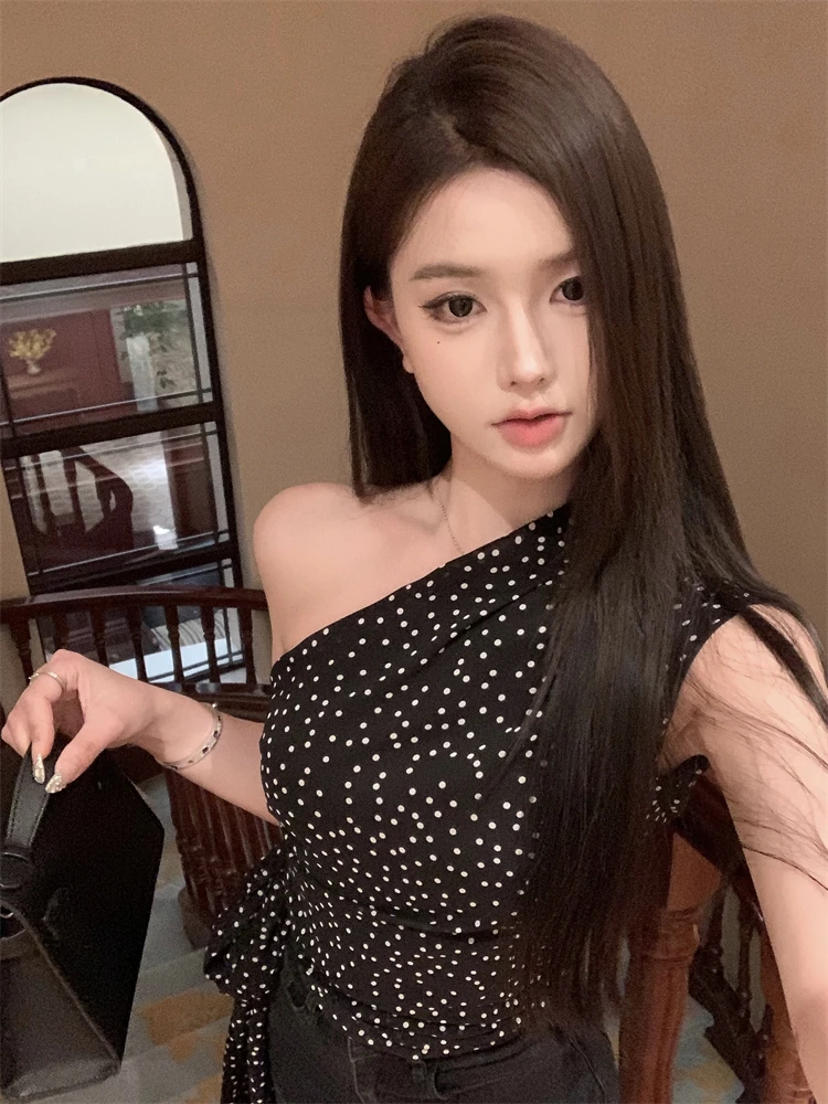 Романтический шикарный топ с открытыми плечами London High Sense черный в горошек Летний