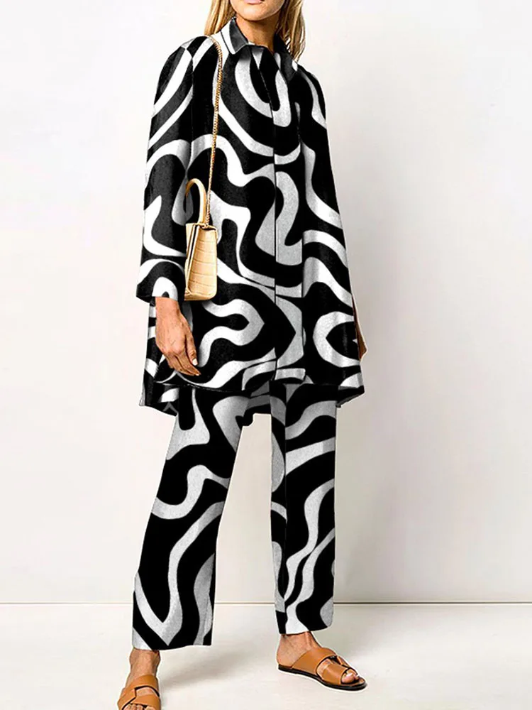 

Spring Autumn Casual Women Two Piece Set Loose Long Sleeve Shirts And Trousers Outfit Female Wide Leg Pants Streetwear Print Set