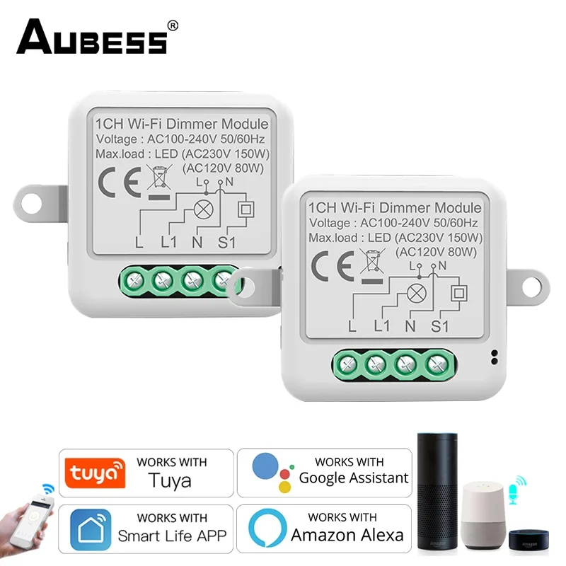 

Aubess Tuya WiFi Smart Dimmer Switch Module 10A, Supports 2 Way Control Dimmable Switch, Work With Alexa Alice Google Home