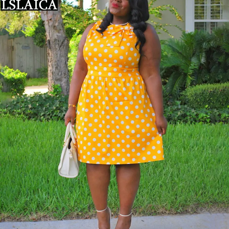 

Plus Size Summer Dress Women Fashion Bow Polka Dot Sleeveless Knee-Length Dresses 2022 Yellow Sexy Sundress Vestidos De Mujer