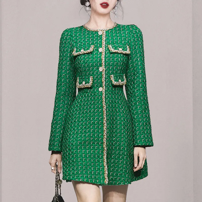 

Runway High Quality Women Plaid Green Tweed Dress Elegant Autumn Winter Beaded Single Breasted Weave Wool Blend A Line Vestidos