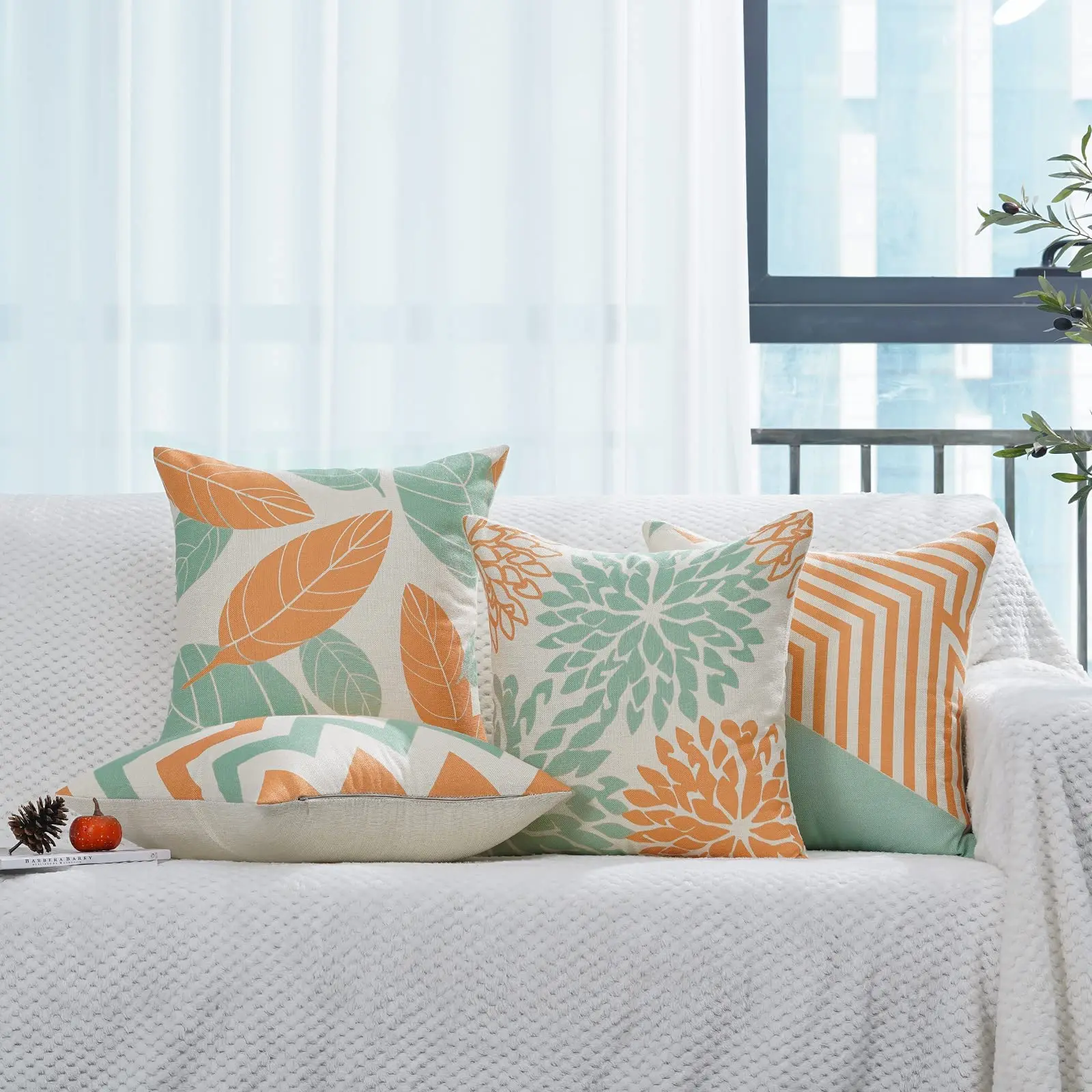 

Nordic orange cyan leaf geometric linen pillowcase sofa cushion cover home decoration can be customized for you 40x40 50x50