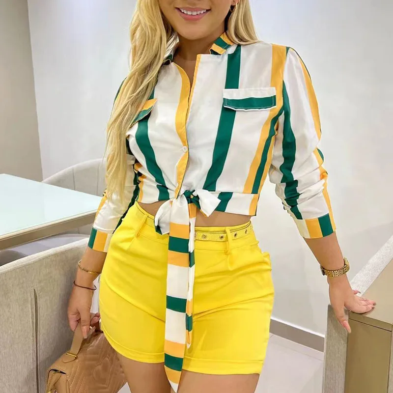 

Casual Turn Down Collar Long Sleeve Shirt Blouse Office Lady Summer Fashion Elegant Stripe Print Lace Up Shirts for Women 2023