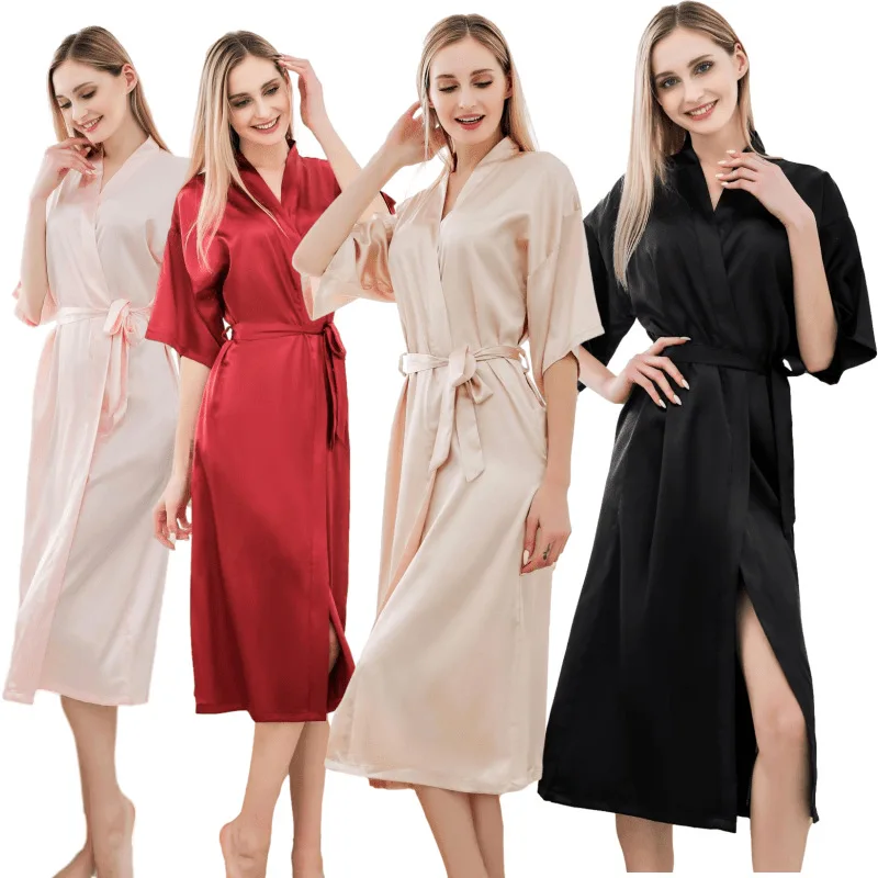 

Long Women's Nightgown Solid Color Thin Morning Gown Extended Kimono Sexy Satin Bathrobe Loose Cardigan Nightdress Home Clothes