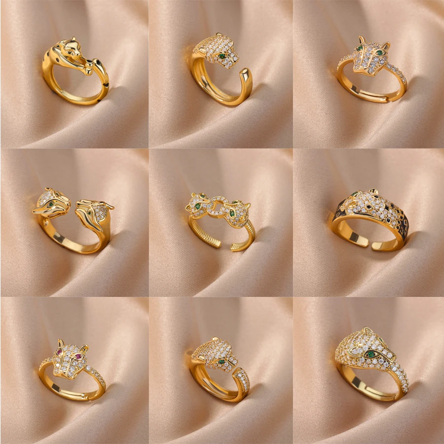

2022 New Fashion Statement Big Animal Ring For Women Girl Party Jewelry Gold Color Hollow Leopard Open Ring Wholesale