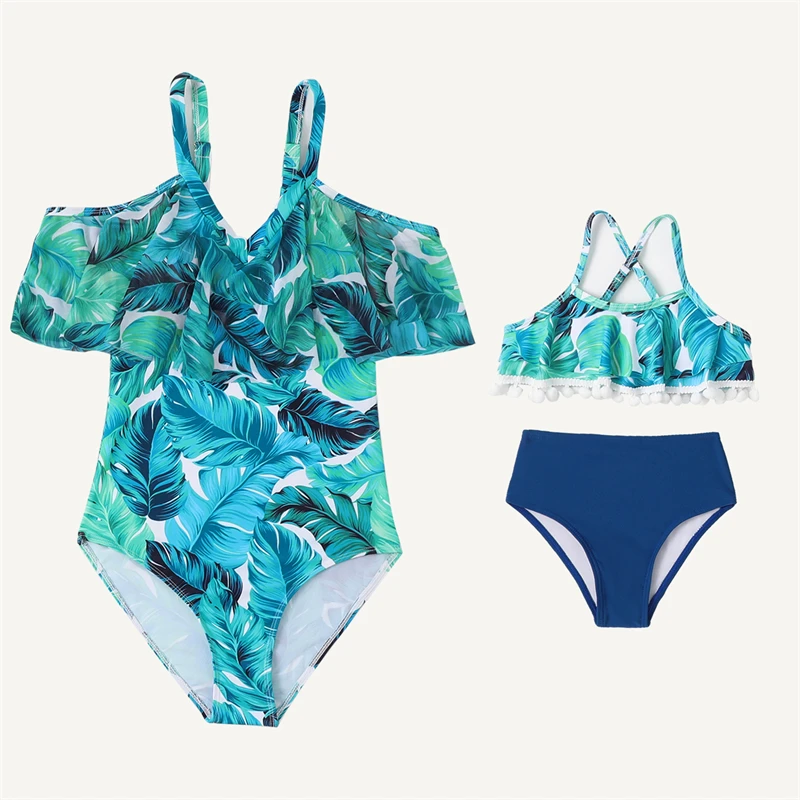 

2023 Tank Mother Daughter Matching Swimsuits Family Set Leaf Mommy and Me Swimwear Ruffled Women Girls Bikini Dresses Clothes