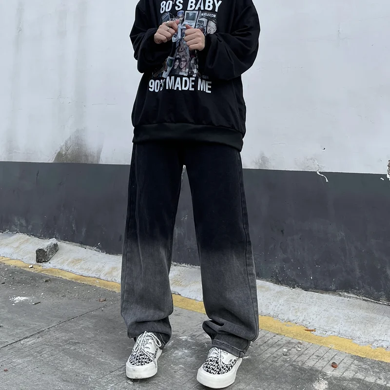 Men Clothing New Pattern Recreational Vintage Broad Leg Black Grey Jeans Straight Cylinder Large Loose Cargo Pants Autumn Female