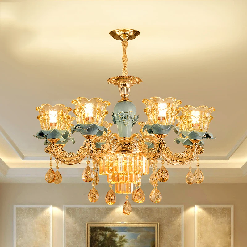 

Хрустальная керамическая ретро люстра с цветами E14, атмосферная Европейская лампа для гостиной, модели, спальни, виллы, роскошный подвесной ...