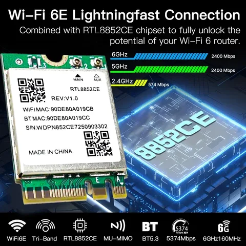 Беспроводная сетевая карта kebidumei RTL8852CE Wi-Fi 6E Bluetooth 5.3 для Windows 10/11