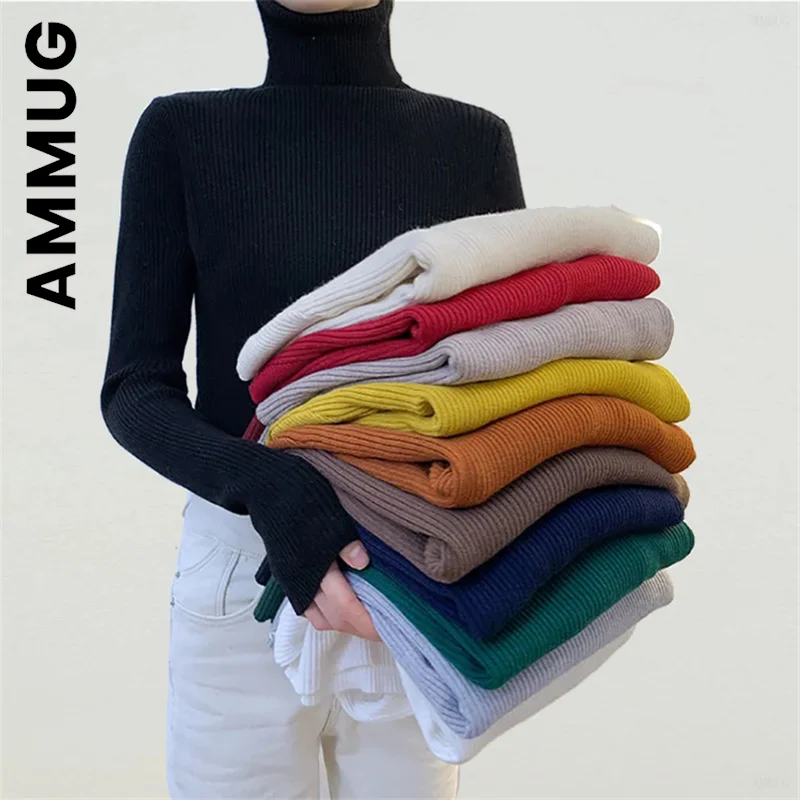 

Ammug Women Sweater Turtleneck Knitted Fashion Long Sleeve Sweet Top Women Chic Elegant Knit Sweater Stylish Simple Female Tops