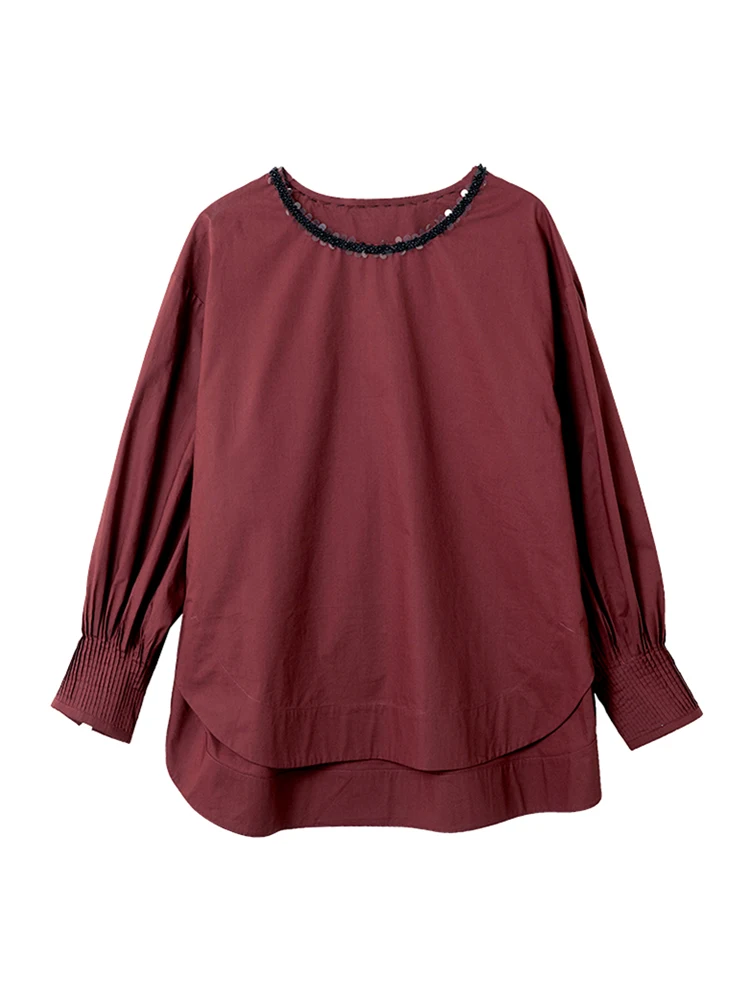 Baoshili круглый вырез с бусинами свободные красные рубашки для женщин осень и зима