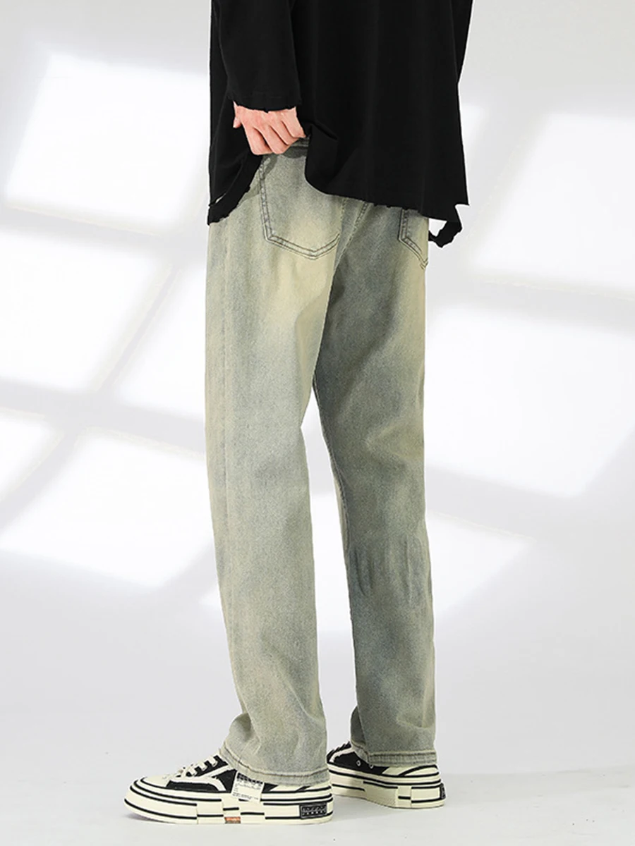 Four Seasons Men's Jeans Washed Distressed Stretch Vibe High Street Yellow Mud Dyed Y2k Men Jeans Streetwear Men's Ins Hot Sale