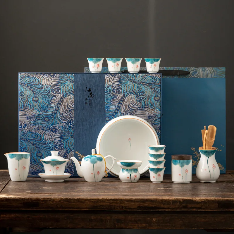 

Hand-Painted Sheep Fat Jade Tea Set With Chinese Lotus Pattern And Gift Box, Kung Fu Tea Pot, Lid Bowl, Tea Cup, Tea Set Wholesa