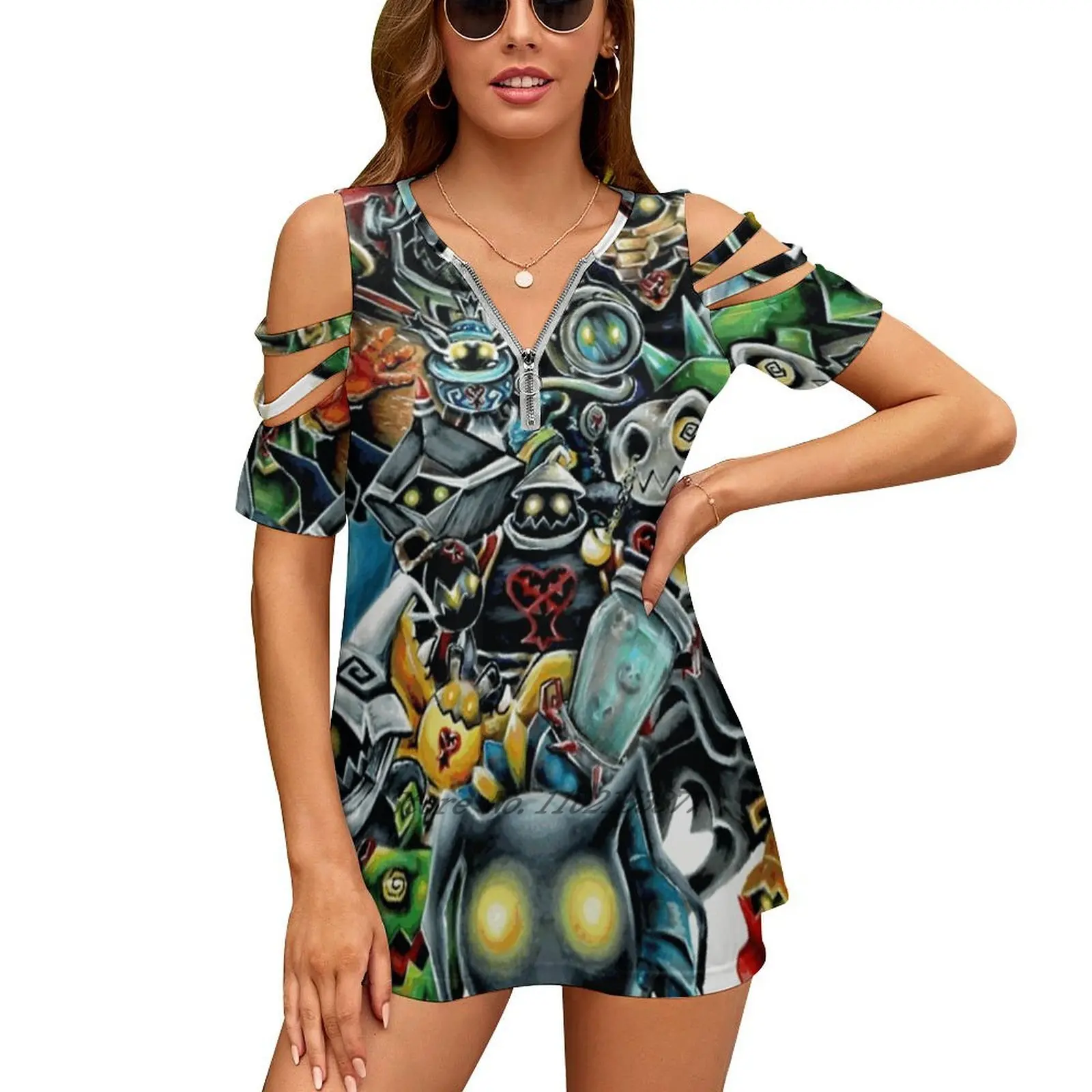 

Женская одежда с эффектом памяти A Hearts, топы с V-образным вырезом, футболка на молнии, Женская Повседневная Сексуальная футболка Y2K, одежда, футболки, футболки