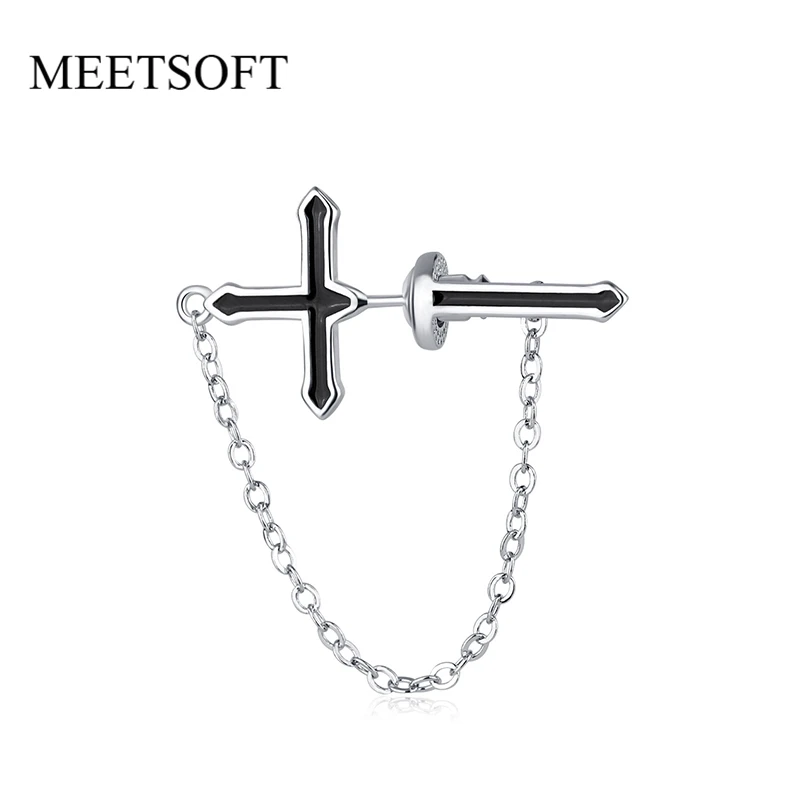 

MEETSOFT 1 Piece 925 Sterling Silver Cross Enamel Sword Tassel Chain Stud Earrings for Unisex Men Women HipHop Design Jewelry