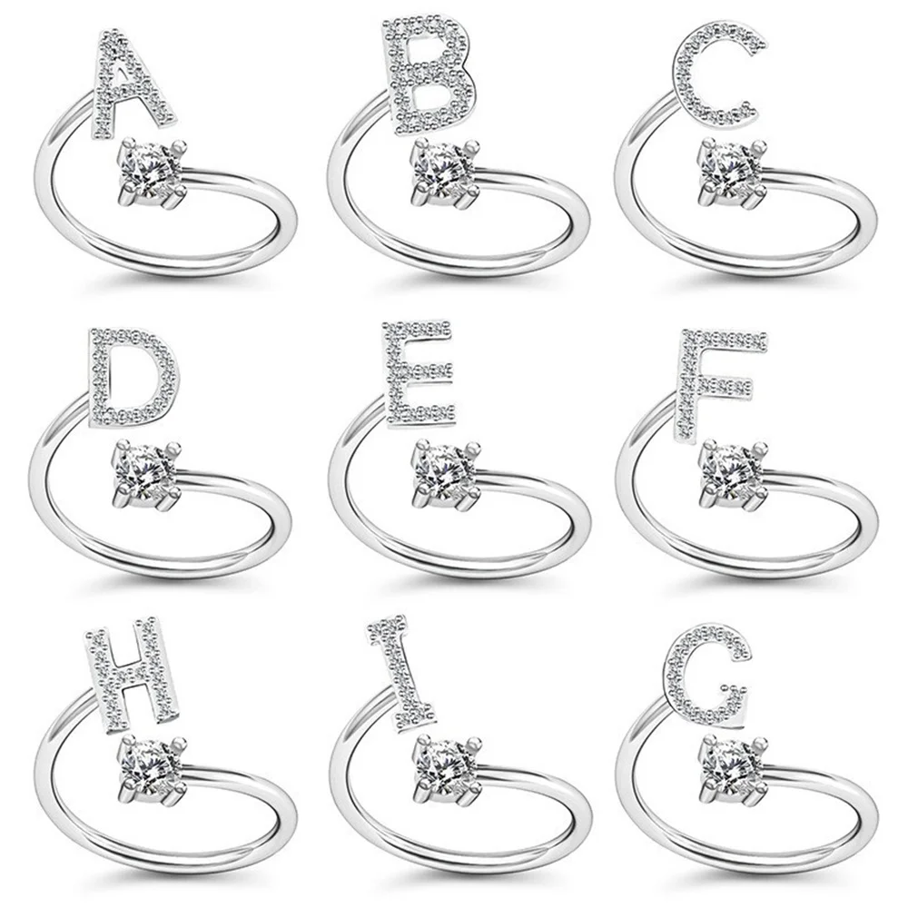 

1PC Shining Rhinestone 26 Letters Initial Ring New Fashion Opening Cuff Rings For Women Charm Jewelry Gift Wholesale Trendy Jewe