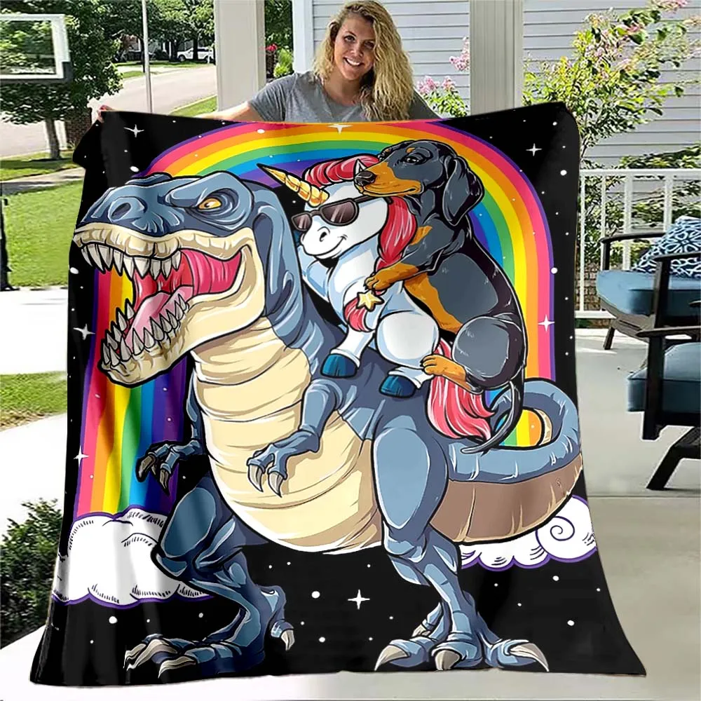 

Dachshund Husky Unicorn Riding Tyrannosaurus Rainbow Funny Soft Flannel Throw Blanket Living Room Bedroom Cartoon Bedspread