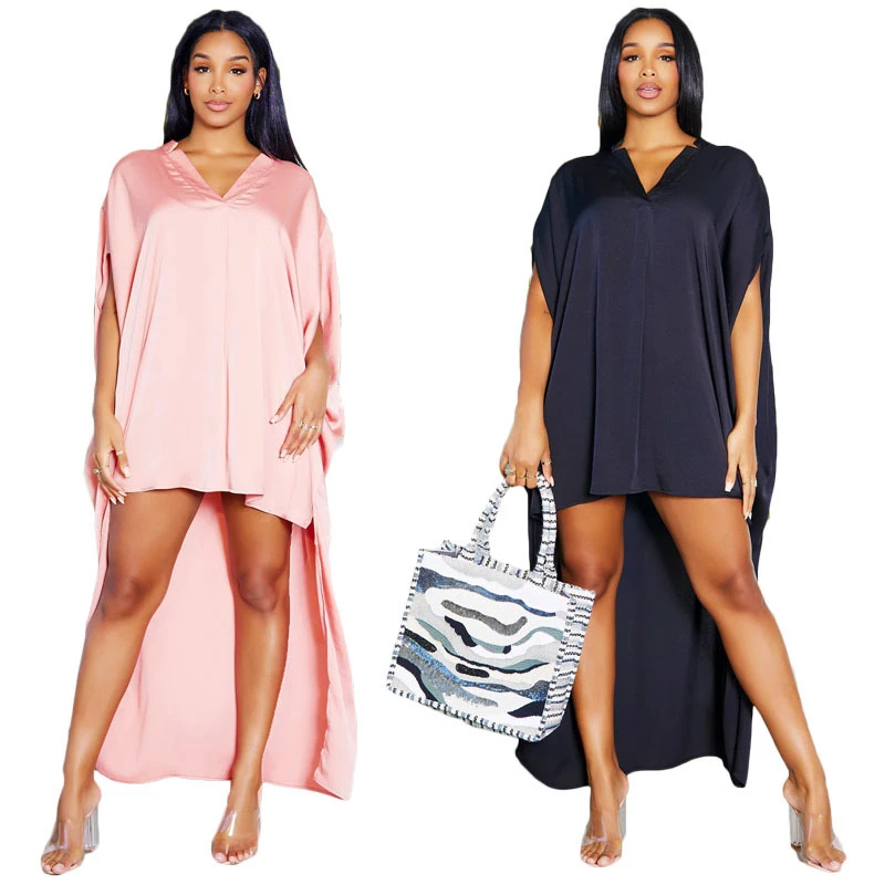 

Women Summer Beach Dress Wear 2023 Cover Up Leisure Pure Color Neck Bat Long Sleeve Solid Spandex Bathing Trips For Kaftan