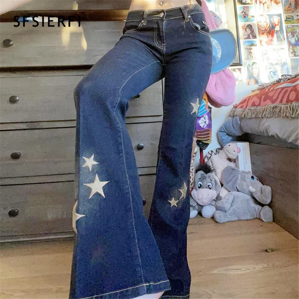 

Вышитые джинсы sfserfi для женщин y2k уличная одежда с низкой талией расклешенные брюки Модные женские джинсовые брюки