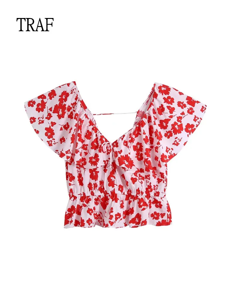 

Топ женский с винтажным принтом, V-образным вырезом и бантом