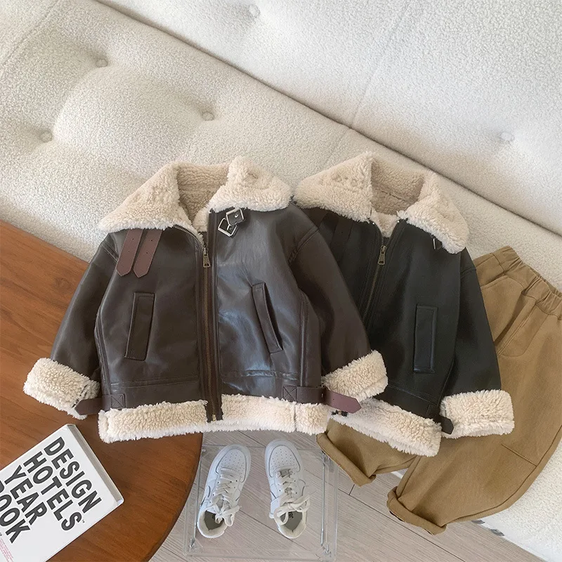 2022 New Fashion Thicken Boys PU Jacket Autumn Winter Warm Fleece Faux Leather Coat 1-8Years Old Children Outerwear Faux Leather