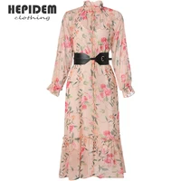 hepidem clothing casual sashes printing chiffon dress women loose waist long sleeve a line dress women white midi vestido 69849